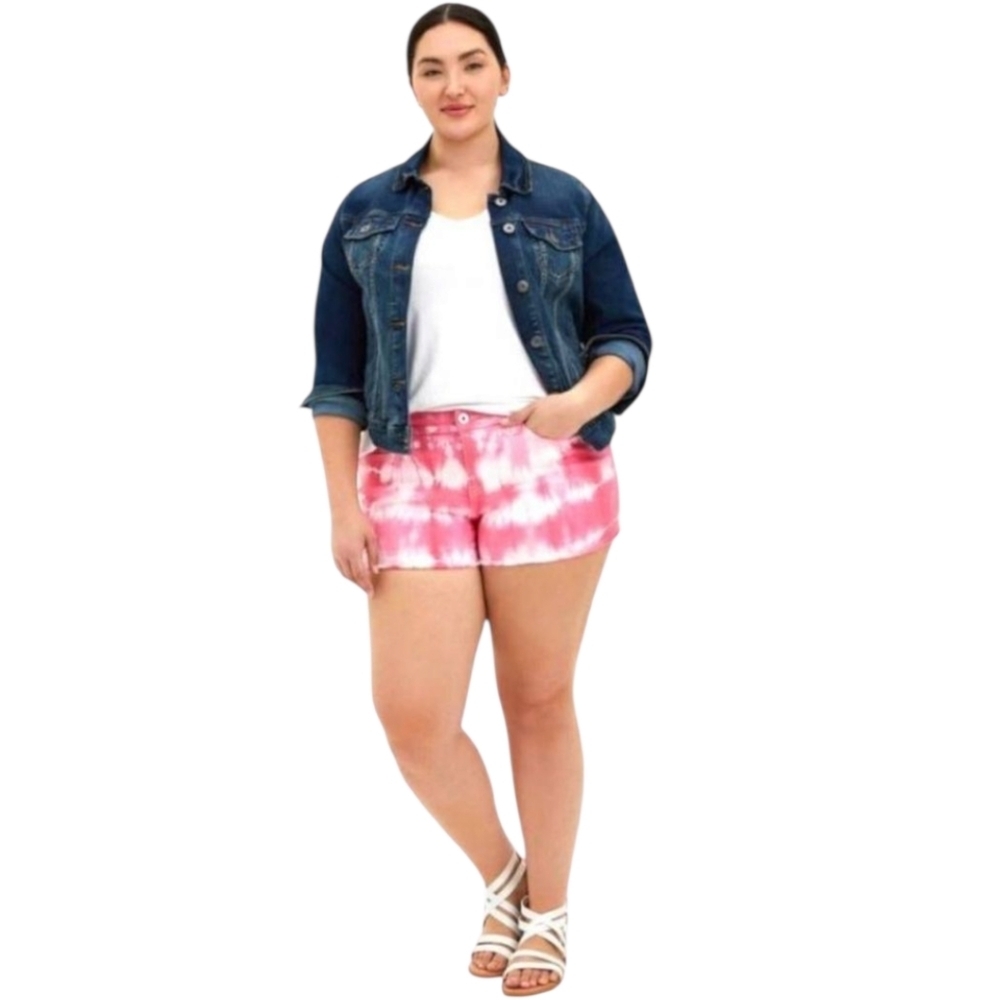 TORRIDย NEW Plus Size Vintage Stretch Pink & White Tie Dye Miniโlength Short. - Picture 2 of 15